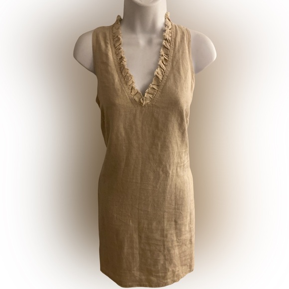 Tommy Bahama Dresses & Skirts - Tommy Bahama Beige Ruffled V-Neck Dress - XS tan linen with pockets